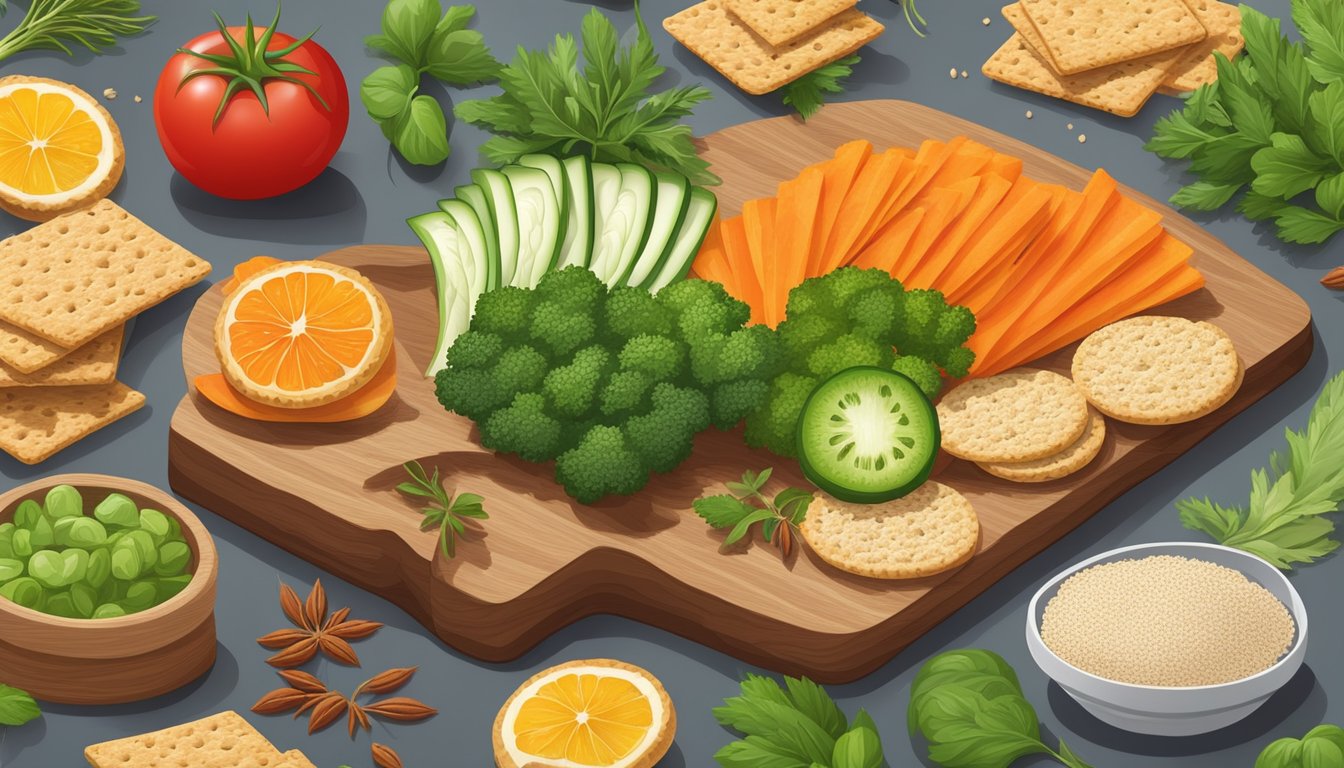 A variety of colorful vegetable slices and whole grain crackers displayed on a wooden cutting board, surrounded by fresh herbs and spices