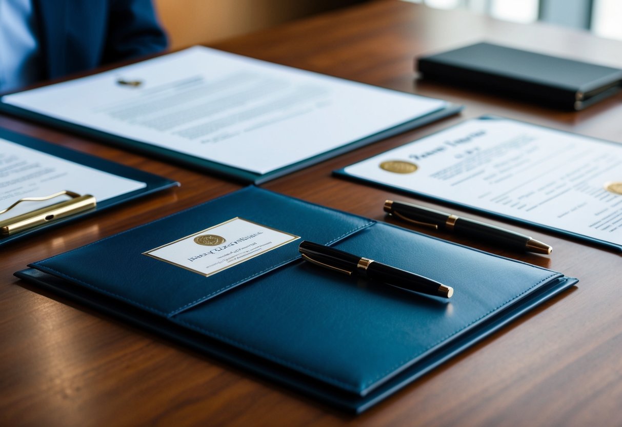 A table set with legal documents, a pen, and a marriage certificate