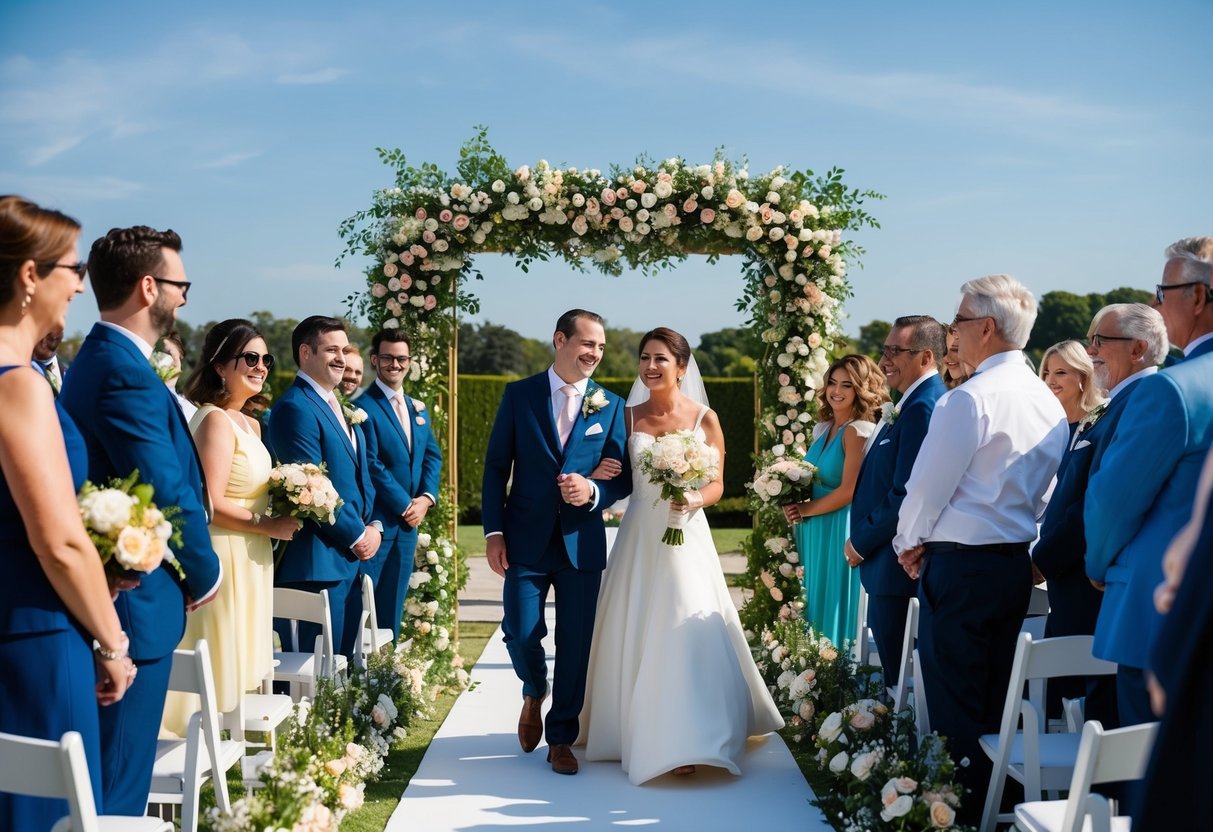 A sunny outdoor wedding ceremony with blooming flowers and a decorated archway, surrounded by happy guests in formal attire