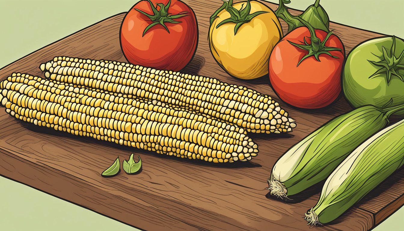 Fresh corn, tomatoes, onions, and peppers piled on a cutting board, ready to be chopped for salsa