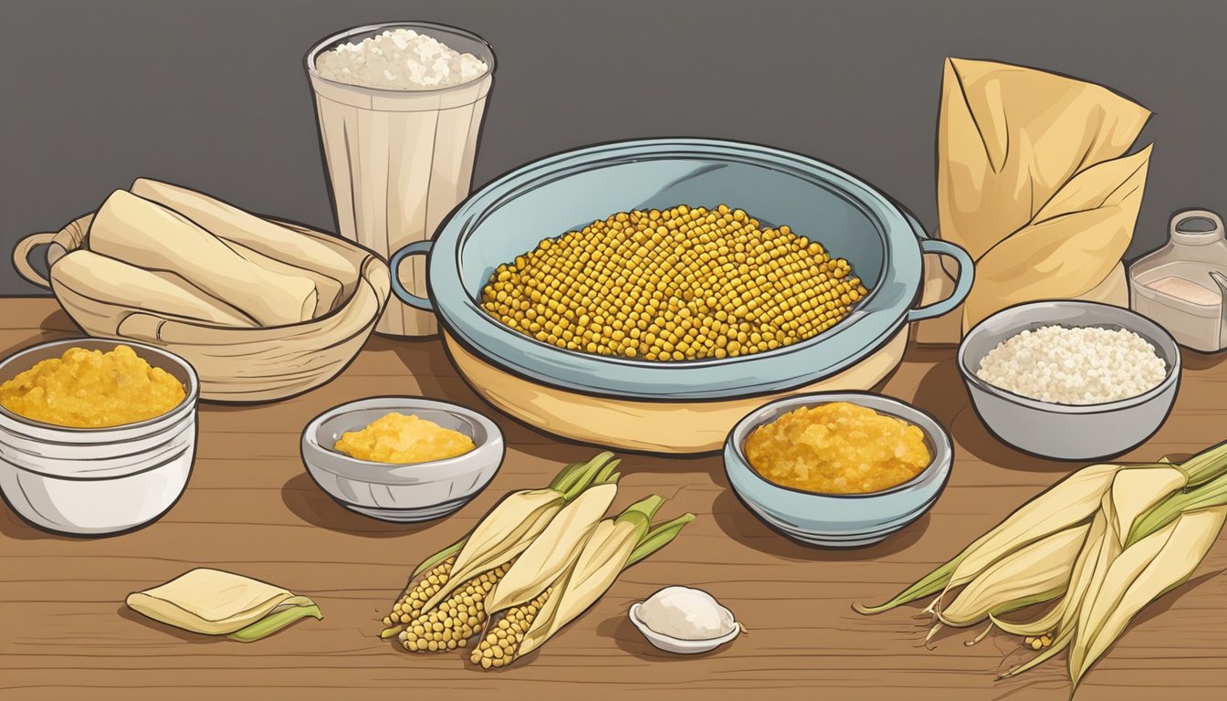 A table with corn husks spread out, surrounded by masa dough and various fillings, ready for tamale assembly