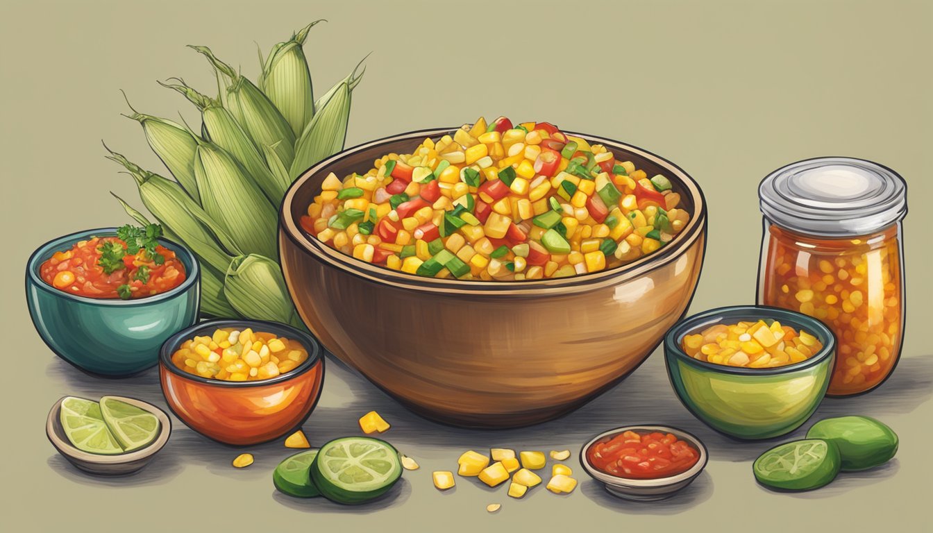 A vibrant bowl of corn salsa surrounded by various international condiments