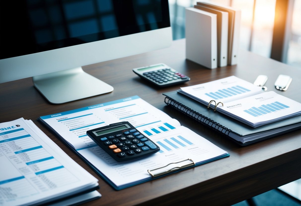 A desk with a computer, calculator, and financial documents. A planner with neatly organized schedules and charts. A stack of money on the side