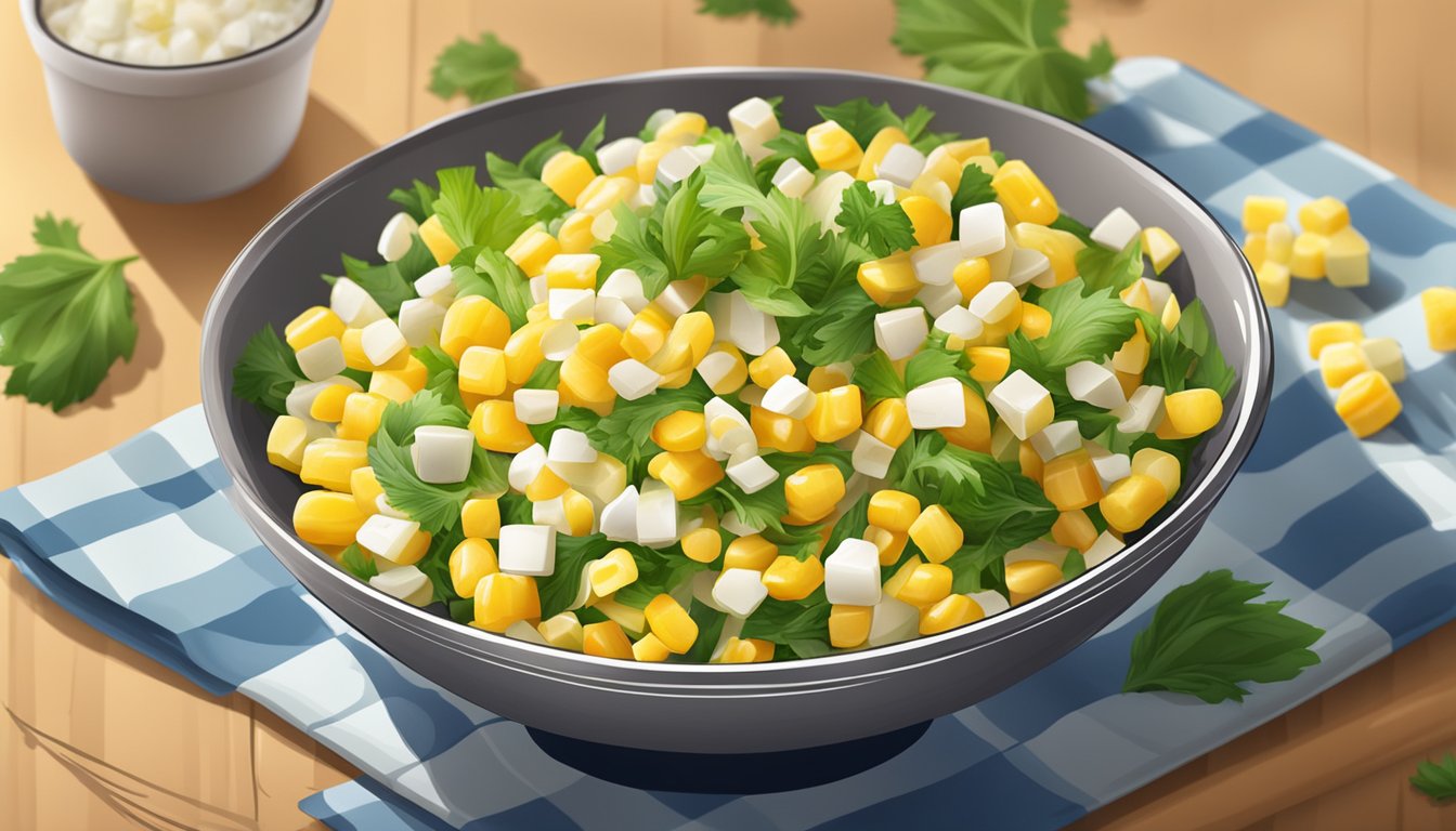 A bowl of fresh corn salad with various substitute ingredients nearby