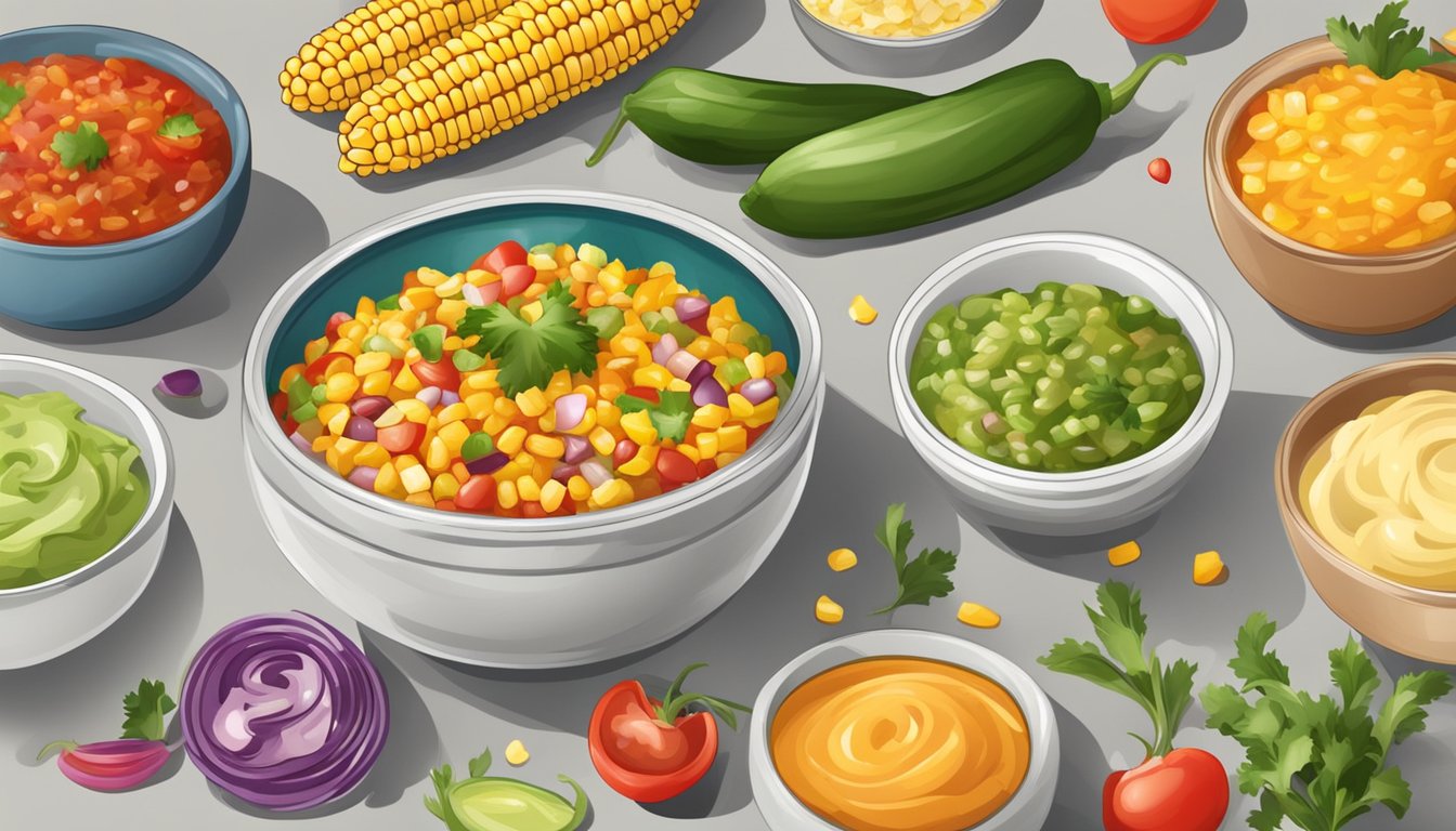 A bowl of colorful corn salsa surrounded by various alternative sauces and ingredients