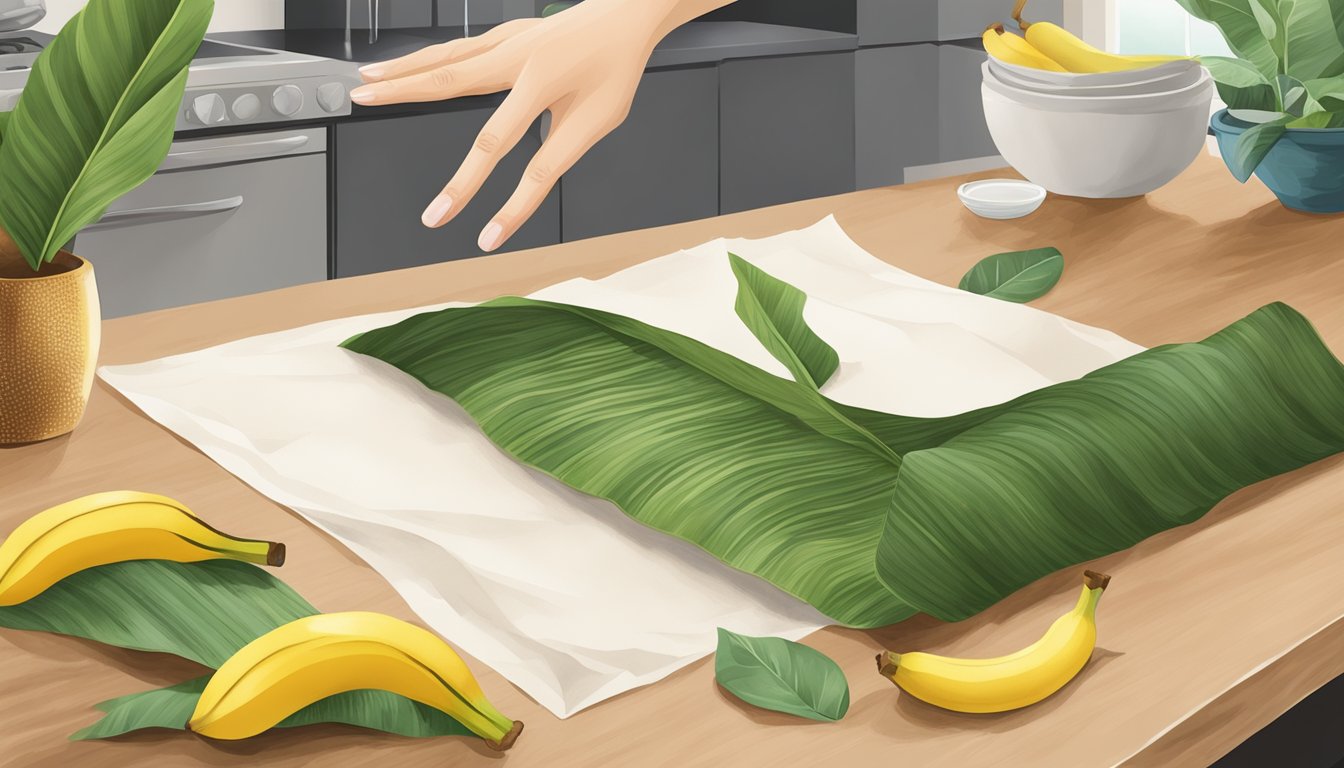 A hand reaching for banana leaves and parchment paper on a kitchen counter