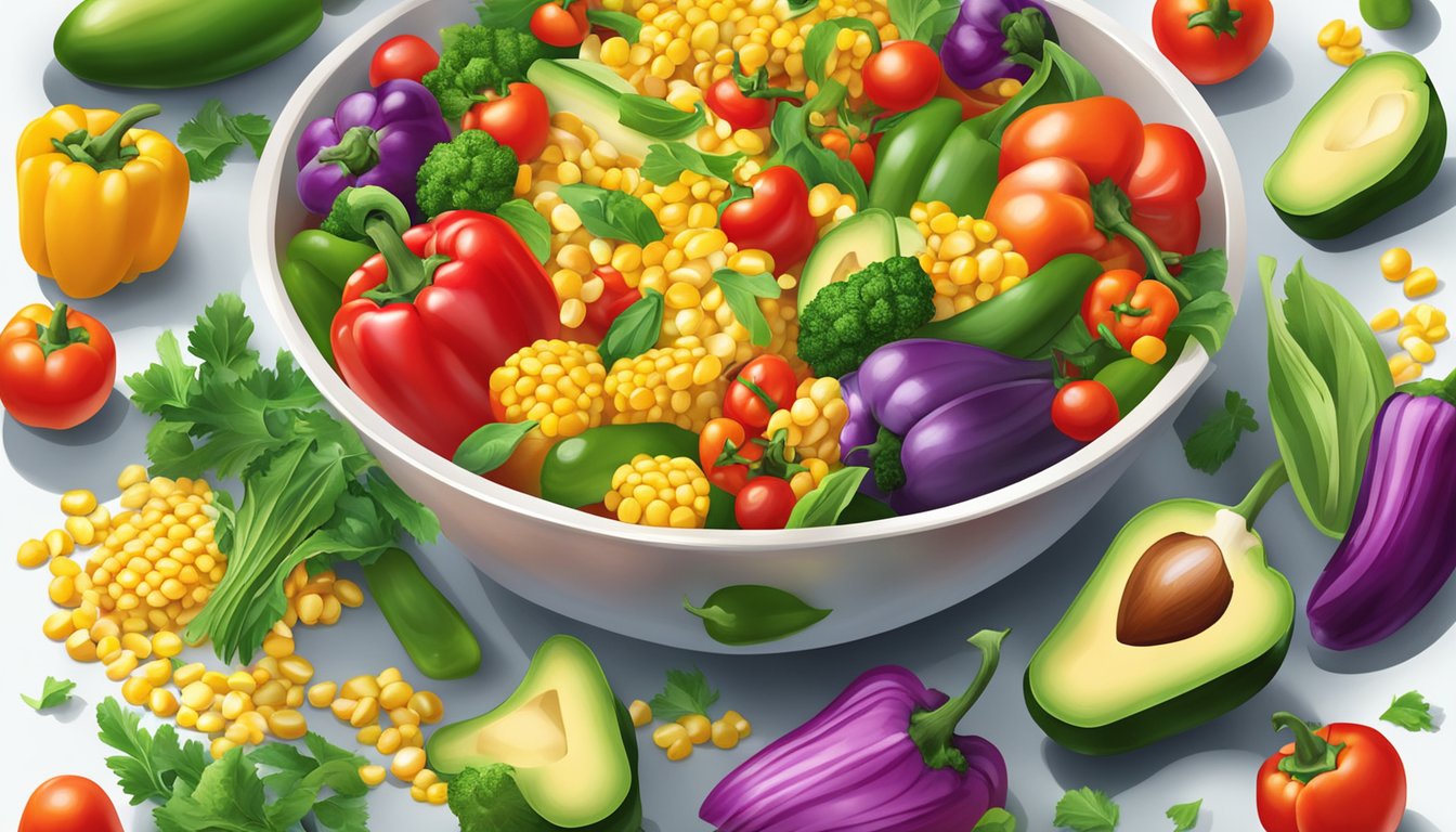 A vibrant bowl of mixed vegetables, including colorful bell peppers, cherry tomatoes, and avocado, with a scattering of fresh corn kernels on top