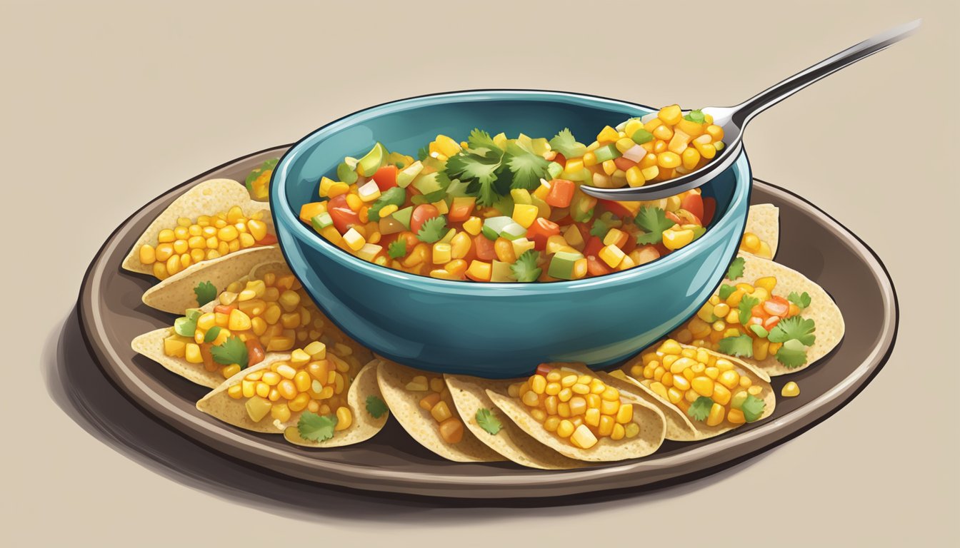 A bowl of corn salsa being spooned onto a plate of tacos