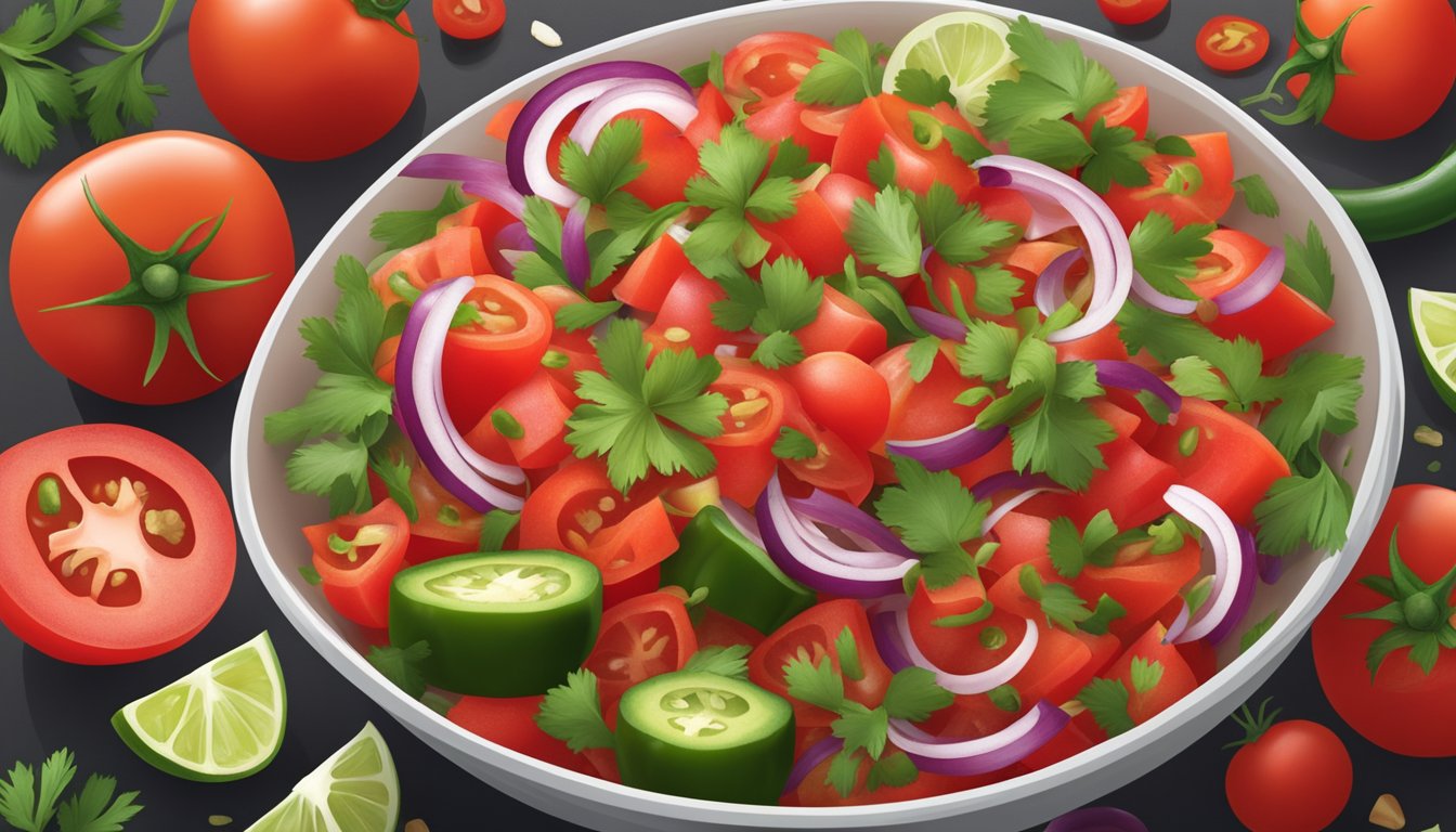 A colorful bowl of fresh diced tomatoes, onions, jalapenos, and cilantro mixed together to create a homemade salsa