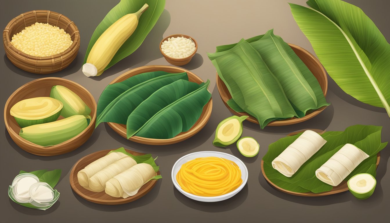 A table set with masa, filling, and banana leaves for wrapping tamales