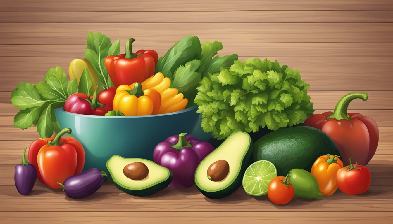 A variety of fresh vegetables and fruits arranged on a wooden cutting board, including leafy greens, colorful bell peppers, avocados, and tomatoes