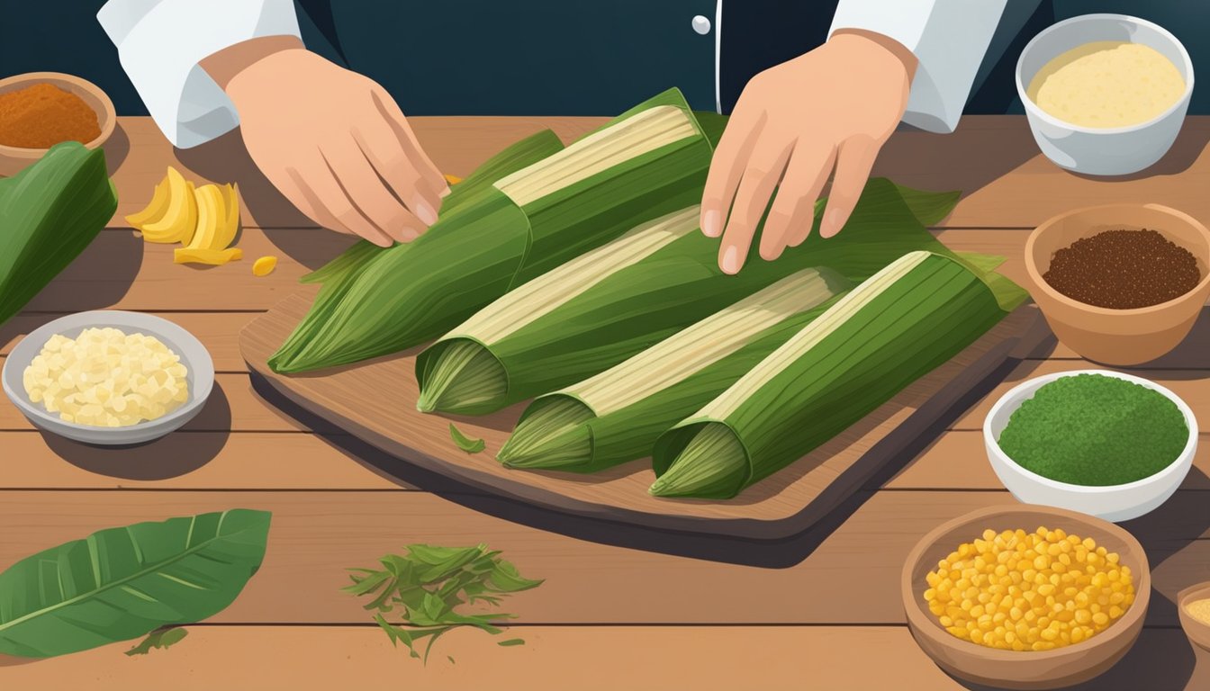 A chef creating tamales using banana leaves instead of corn husks. Various ingredients and spices laid out on a wooden table