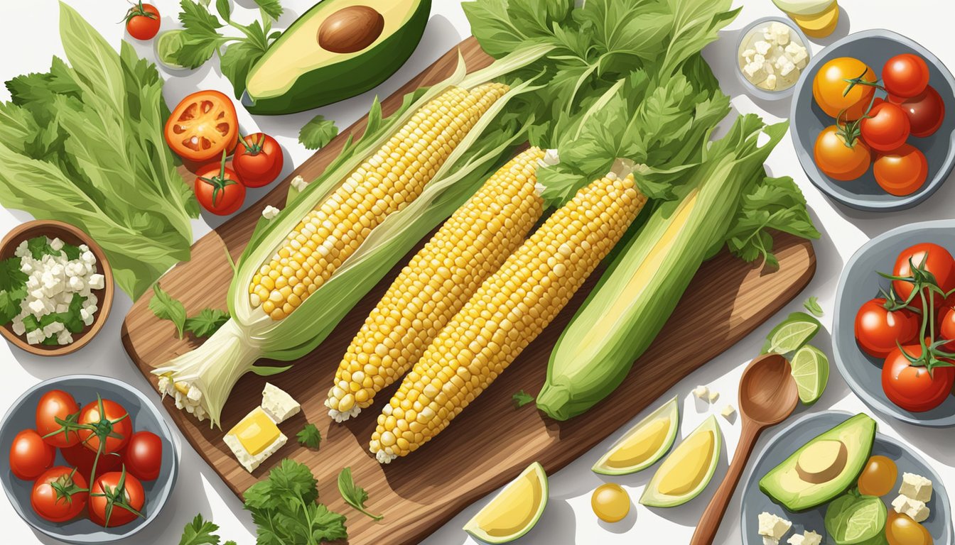 A colorful array of fresh corn salad substitutes arranged on a wooden cutting board, including cherry tomatoes, avocado, feta cheese, and a variety of herbs