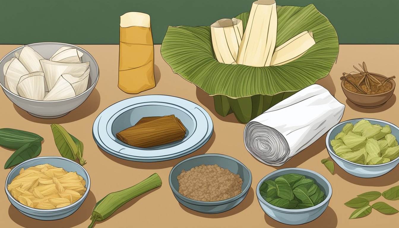 A kitchen counter with a variety of alternative materials for wrapping tamales, such as banana leaves, parchment paper, and aluminum foil, alongside a bowl of masa and a selection of fillings