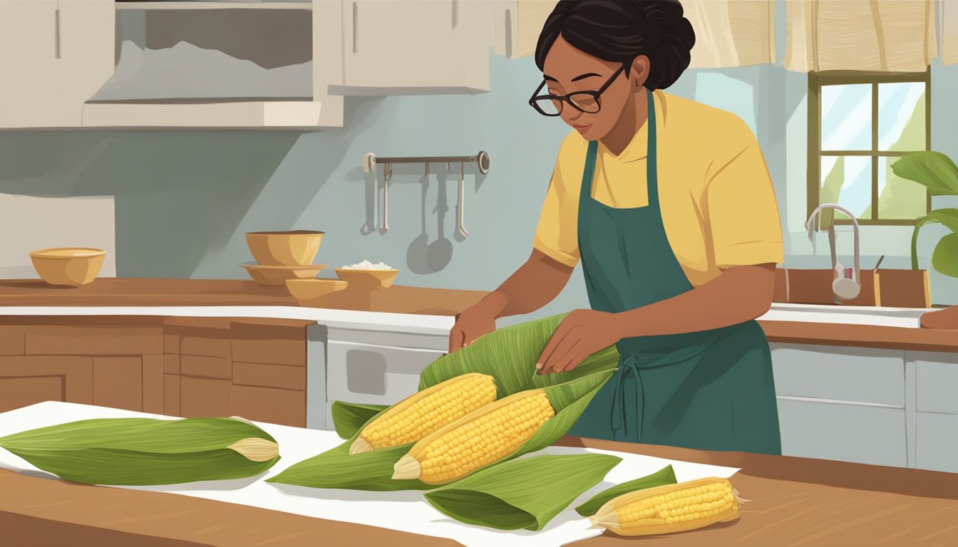 A person unsuccessfully trying to use banana leaves and parchment paper as substitutes for corn husks in a tamale recipe