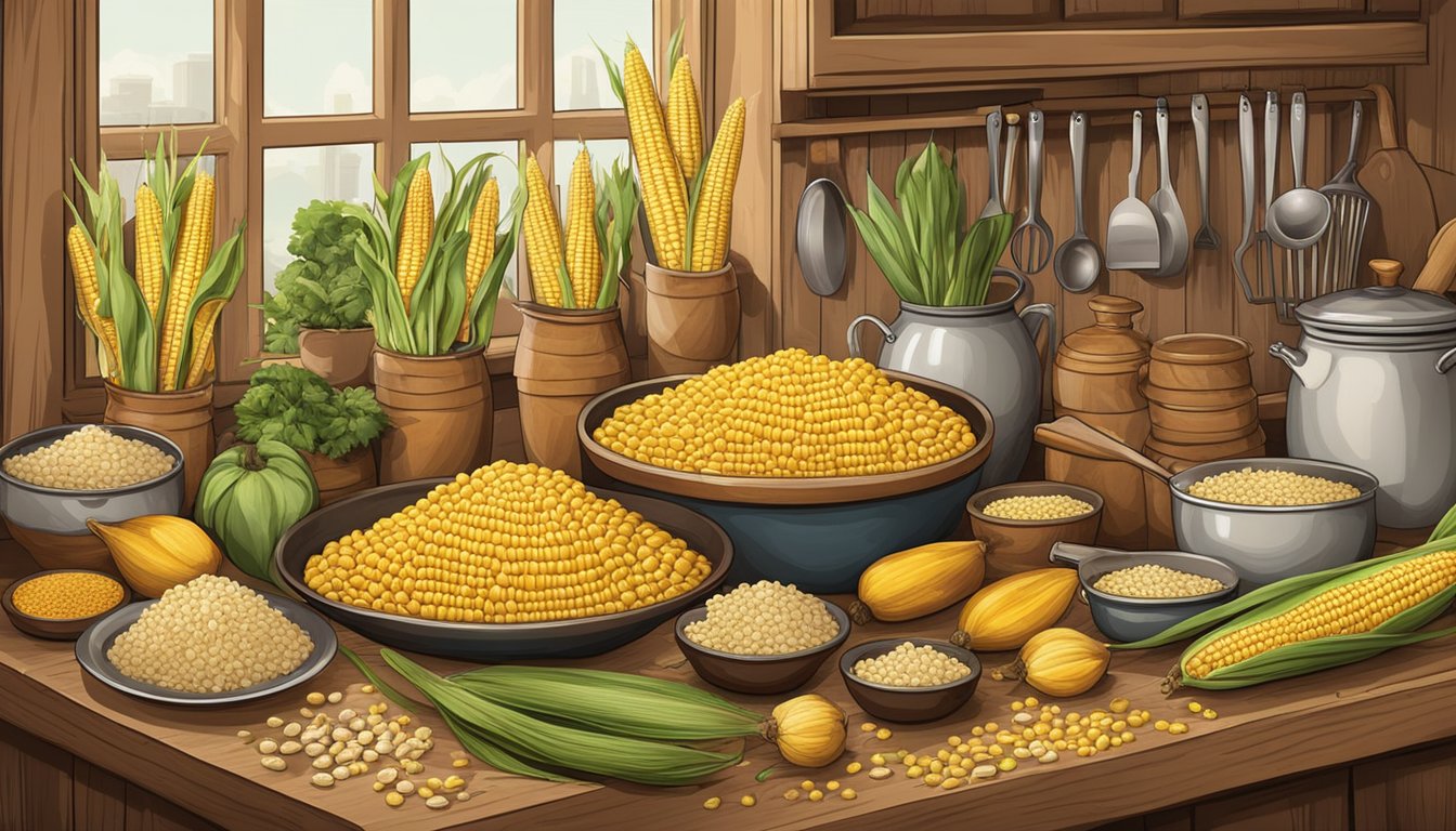 A bountiful harvest of corn cobs, husks, and kernels piled high in a rustic kitchen setting, surrounded by various cooking utensils and ingredients