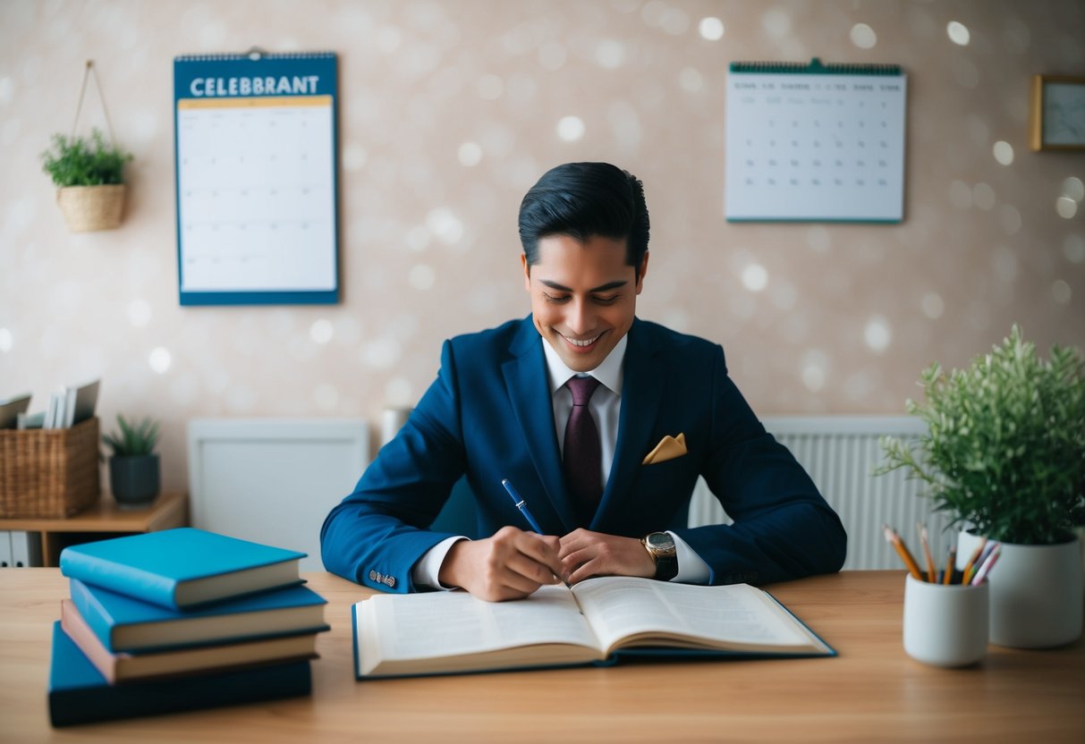 A celebrant studying books and taking notes at a desk in a cozy home office with a calendar and certificate on the wall