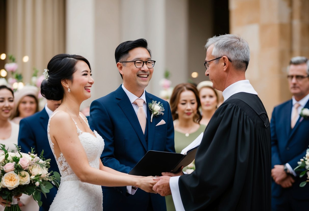 A celebrant officiating a joyful ceremony with smiles and flowers, while a solemniser presides over a more serious and formal event with a somber atmosphere