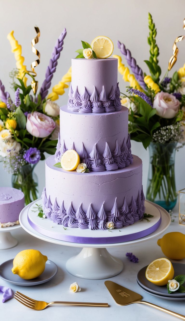 A table adorned with a lavender lemonade-themed graduation cake surrounded by elegant decorations and celebratory accents