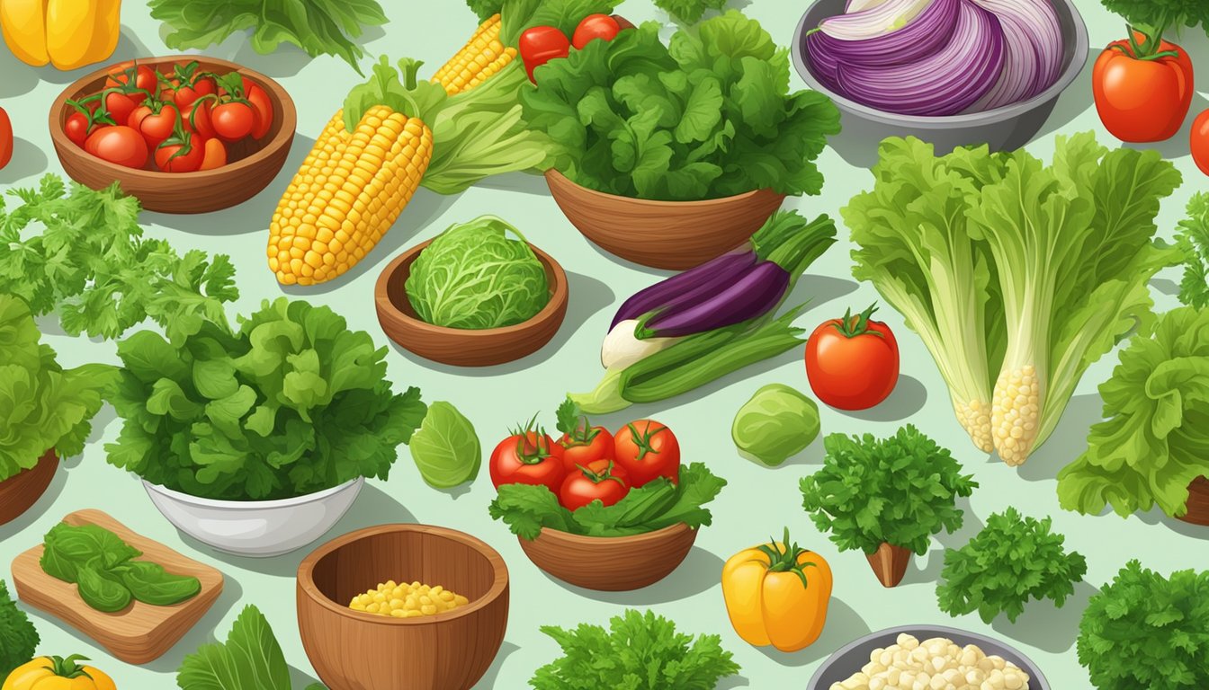 A kitchen counter with various fresh vegetables and herbs, including corn, lettuce, tomatoes, and cilantro, arranged in a colorful and appetizing display