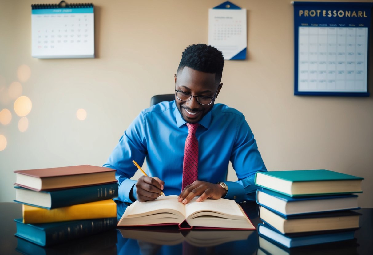 A celebrant studying books and taking notes at a desk with a calendar and certificate on the wall