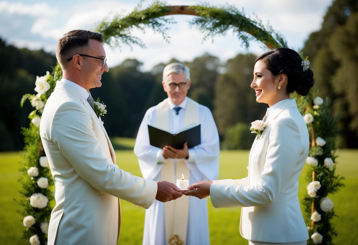 A celebrant and a solemniser stand on opposite sides of a wedding arch, each holding a symbolic item representing the union of marriage