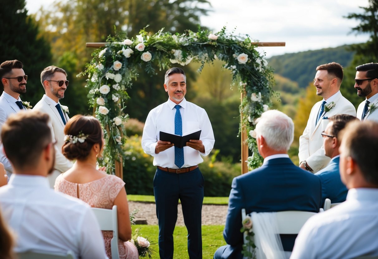 A celebrant conducting a wedding ceremony in a picturesque outdoor setting, surrounded by a small group of guests