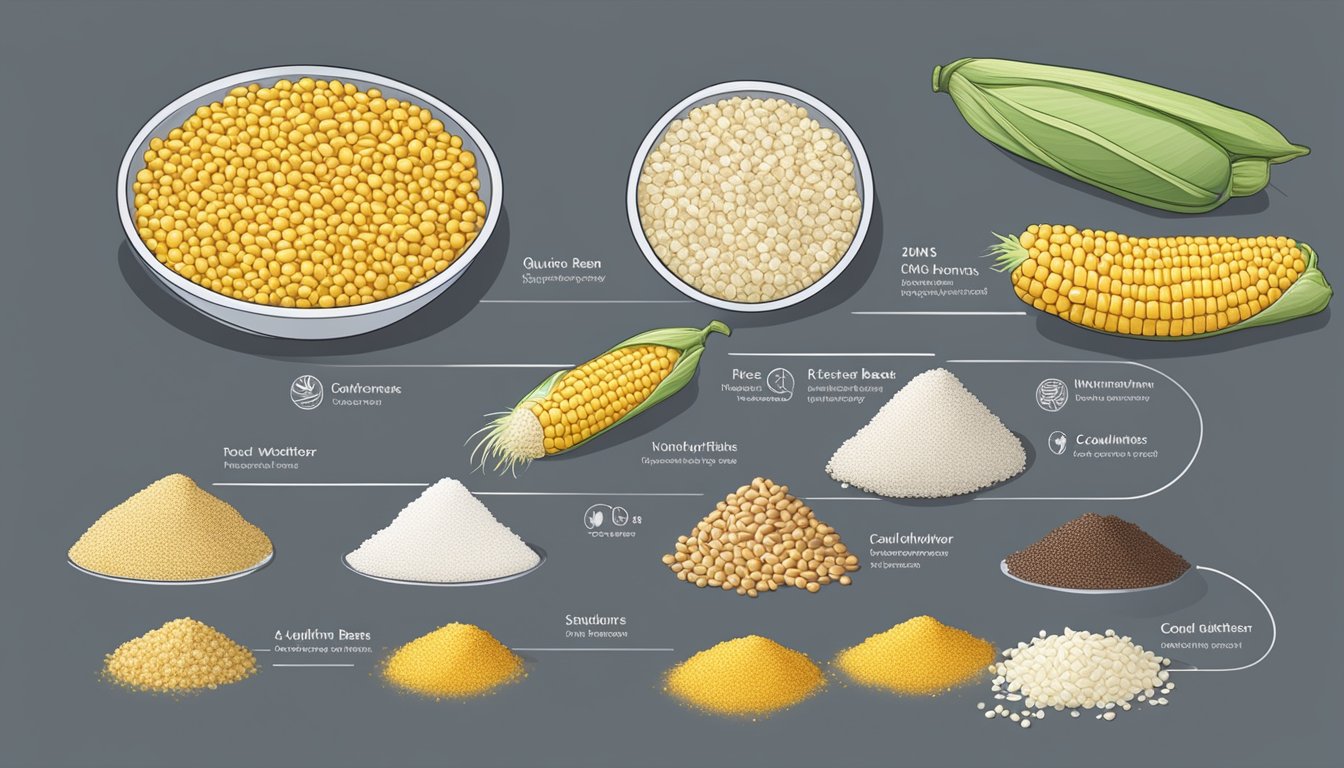 A table with an array of corn substitutes: quinoa, rice, cauliflower, and beans, each labeled with their unique properties