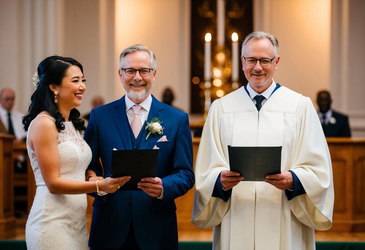 A celebrant and a solemniser stand side by side, each holding a ceremonial script. The celebrant exudes warmth and joy, while the solemniser exudes dignity and reverence