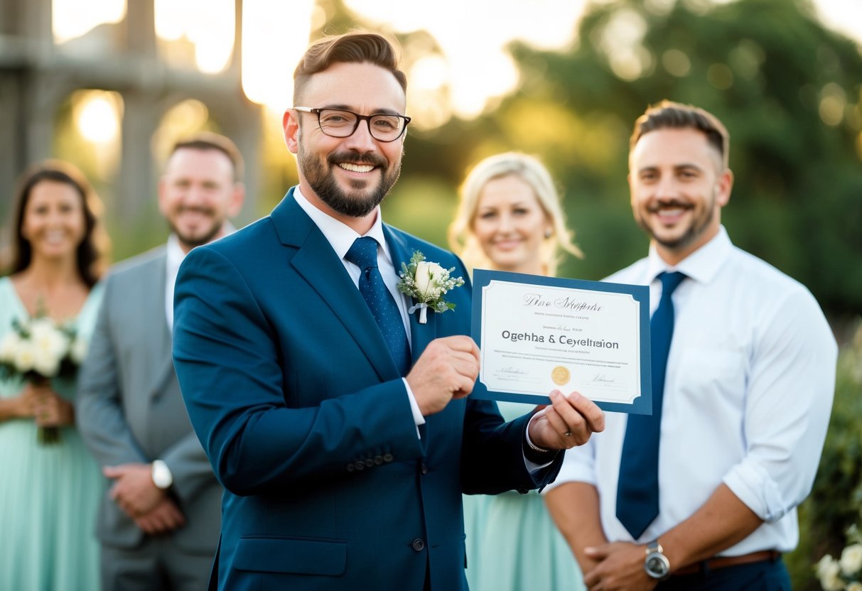 A celebrant holding a certificate with a smiling couple in the background