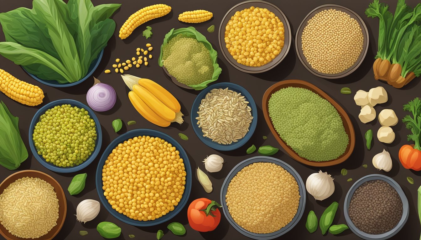 A variety of vegetables and grains arranged on a table, with corn substitutes highlighted among them