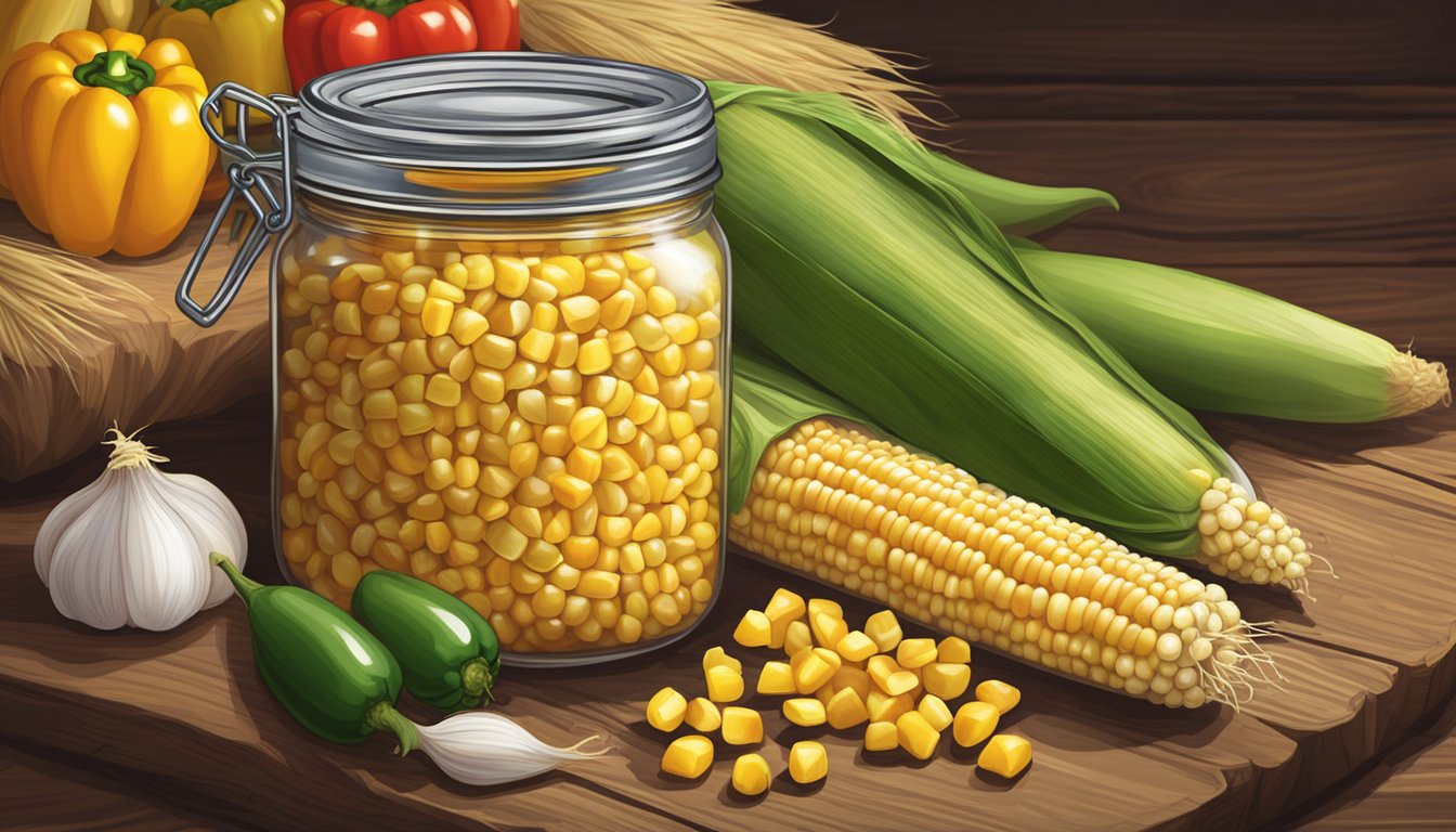 A jar of homemade corn relish surrounded by fresh corn, bell peppers, and onions on a rustic wooden table