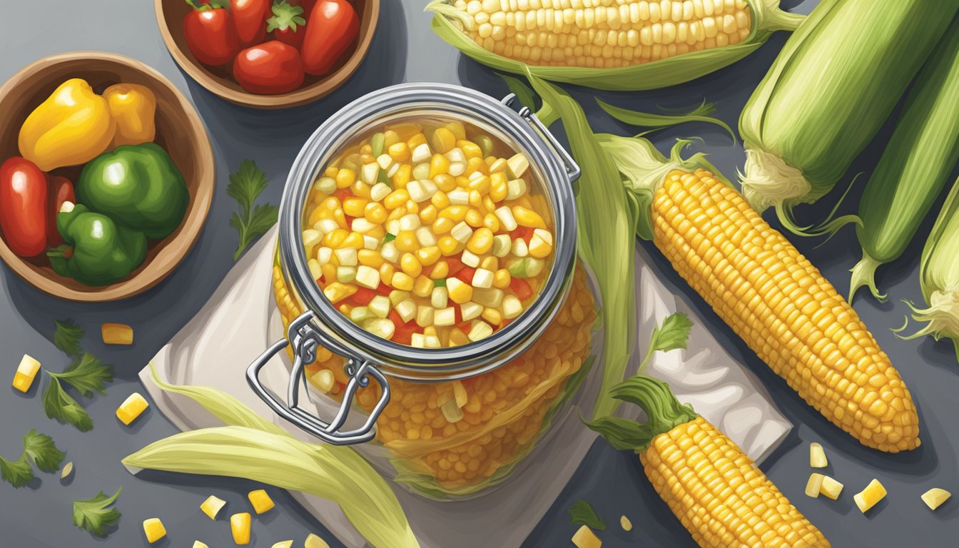 A jar of corn relish being replaced with fresh corn, bell peppers, and onions in a recipe