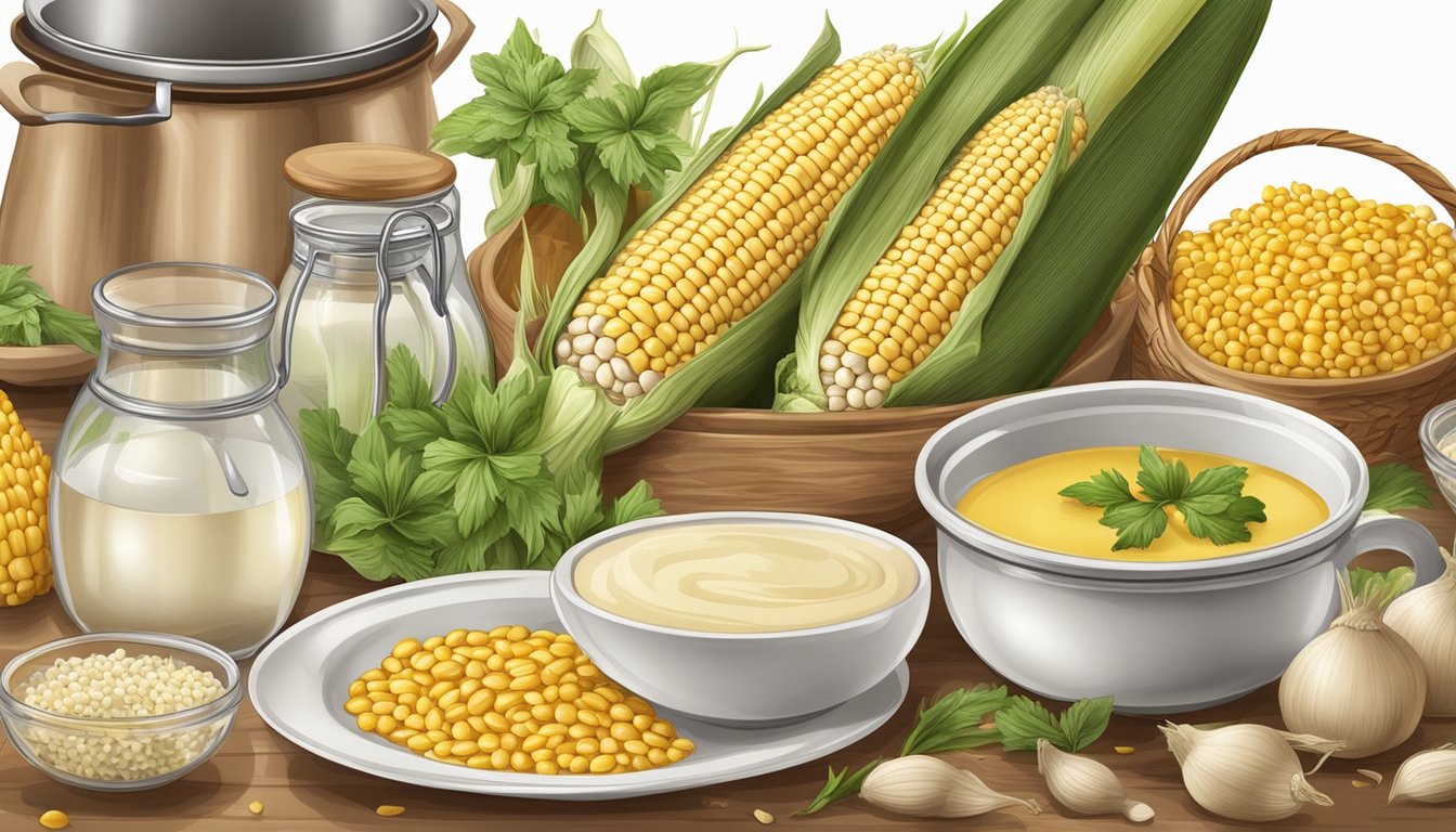 A table set with various ingredients and kitchen utensils for preparing corn soup substitutes