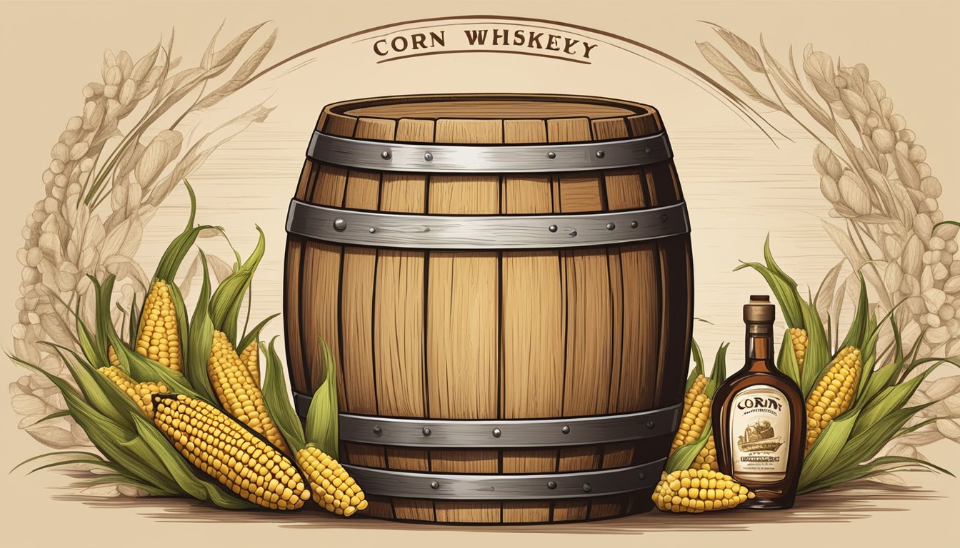 A rustic wooden barrel labeled "Corn Whiskey" surrounded by ears of corn and bottles of various liquors