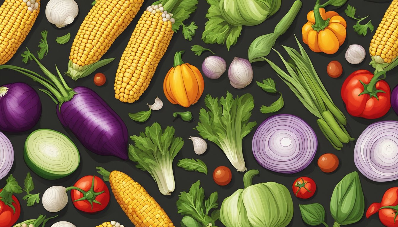 A colorful array of fresh vegetables and herbs, including corn, peppers, and onions, arranged on a wooden cutting board