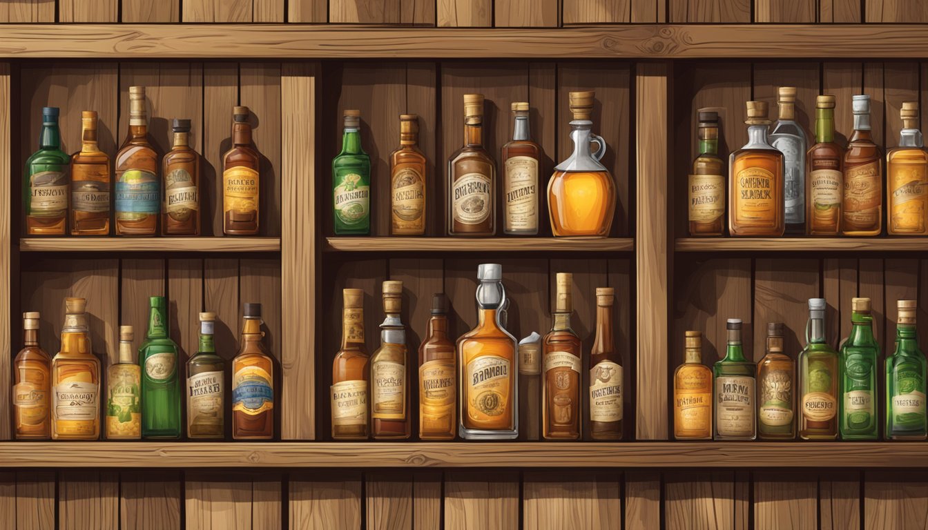 A rustic wooden bar with shelves lined with various bottles of corn whiskey and substitutes