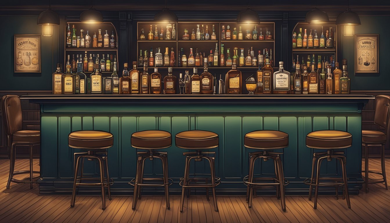 A dimly lit bar with vintage whiskey bottles and cocktail shakers on the counter, surrounded by leather bar stools and a backdrop of classic cocktail recipes on the wall