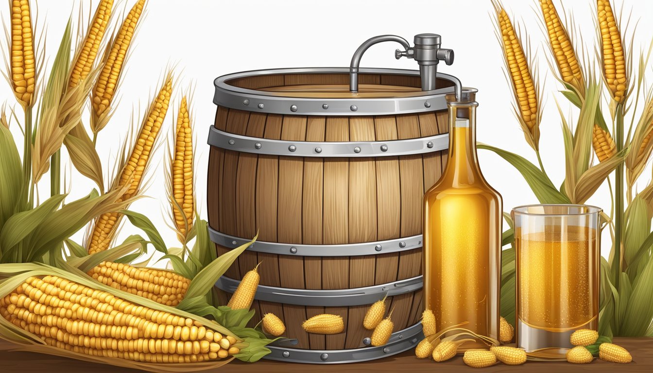 A wooden barrel filled with golden liquid, surrounded by ears of corn and a distilling apparatus