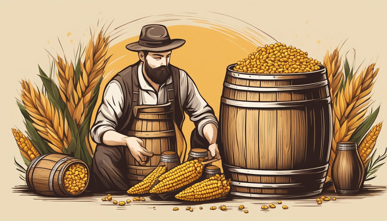 A rustic wooden barrel surrounded by ears of corn and oak barrels. A distillery worker adds spices and fruits to a large pot of bubbling whiskey