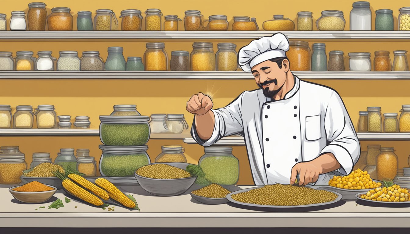 A chef reaching for a jar of dried herbs and spices, with a bowl of fresh corn on the cob in the background