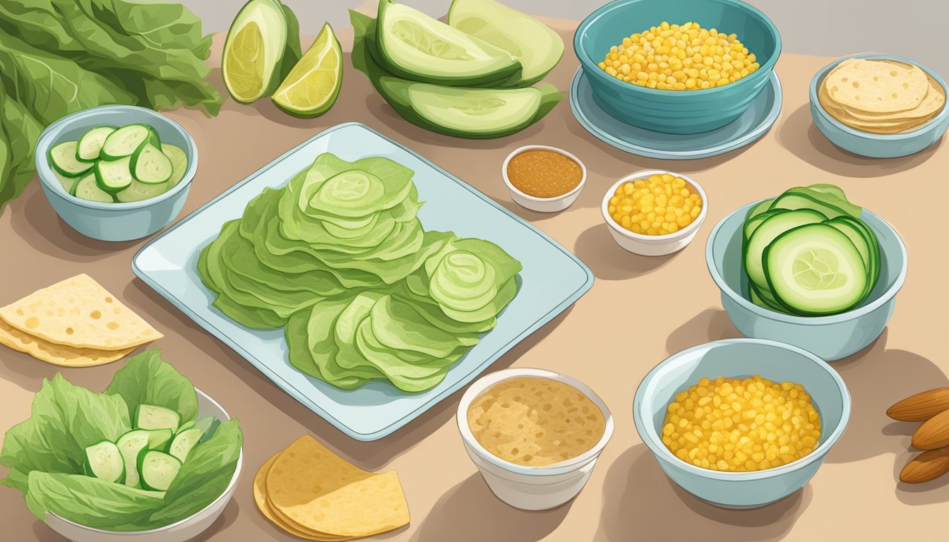 A table with various corn tortilla substitutes: lettuce wraps, cucumber slices, and almond flour tortillas