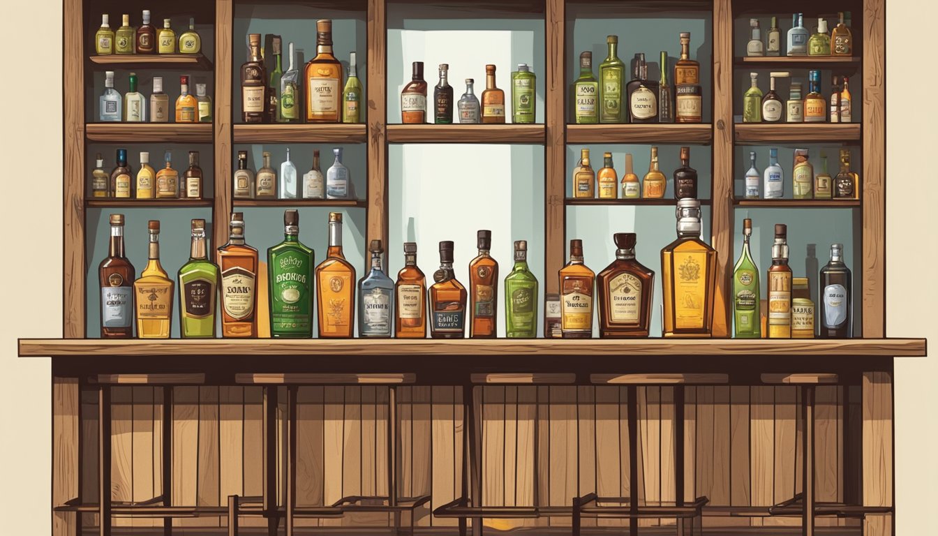 A rustic wooden bar with various bottles of liquor, including bourbon, rum, and tequila, displayed on shelves. A cocktail shaker, mixing spoons, and fresh citrus fruits are arranged nearby