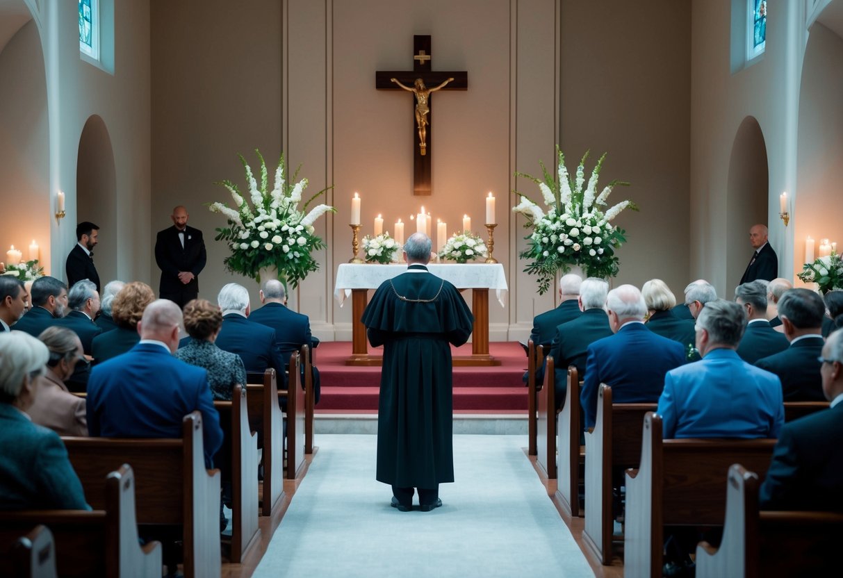 A somber funeral setting with a celebrant standing at the front of the room, surrounded by mourners seated in pews. Flowers and candles adorn the space