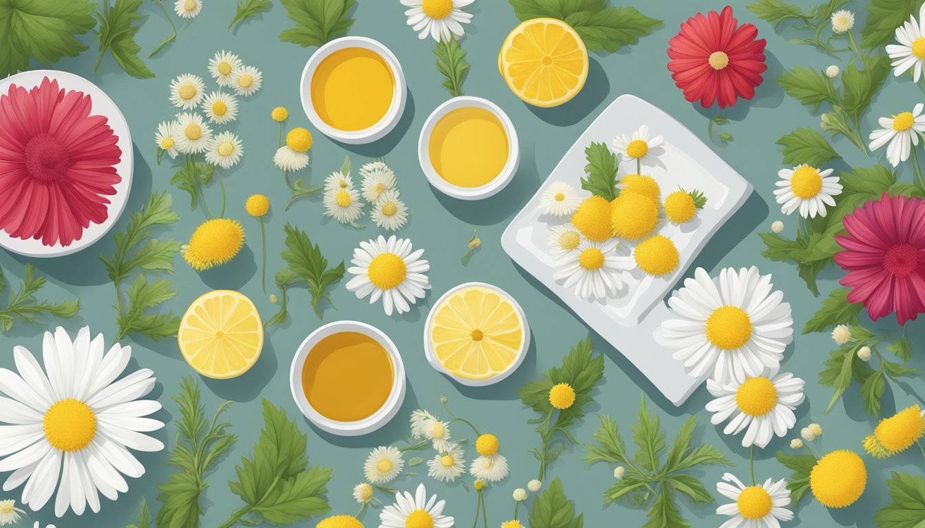 A table with various natural ingredients like chamomile, hibiscus, and dandelion laid out for dietary restrictions