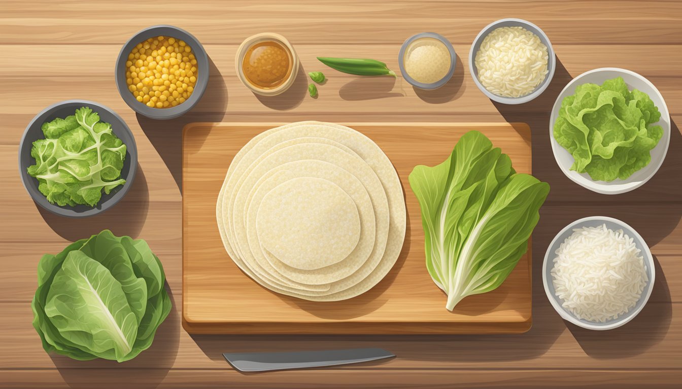 A colorful array of corn tortilla substitutes, including lettuce wraps, rice paper, and jicama slices, arranged on a wooden cutting board