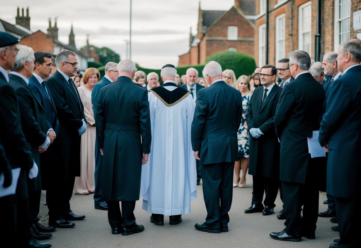 A group of mourners standing around a solemn celebrant at a funeral in the UK