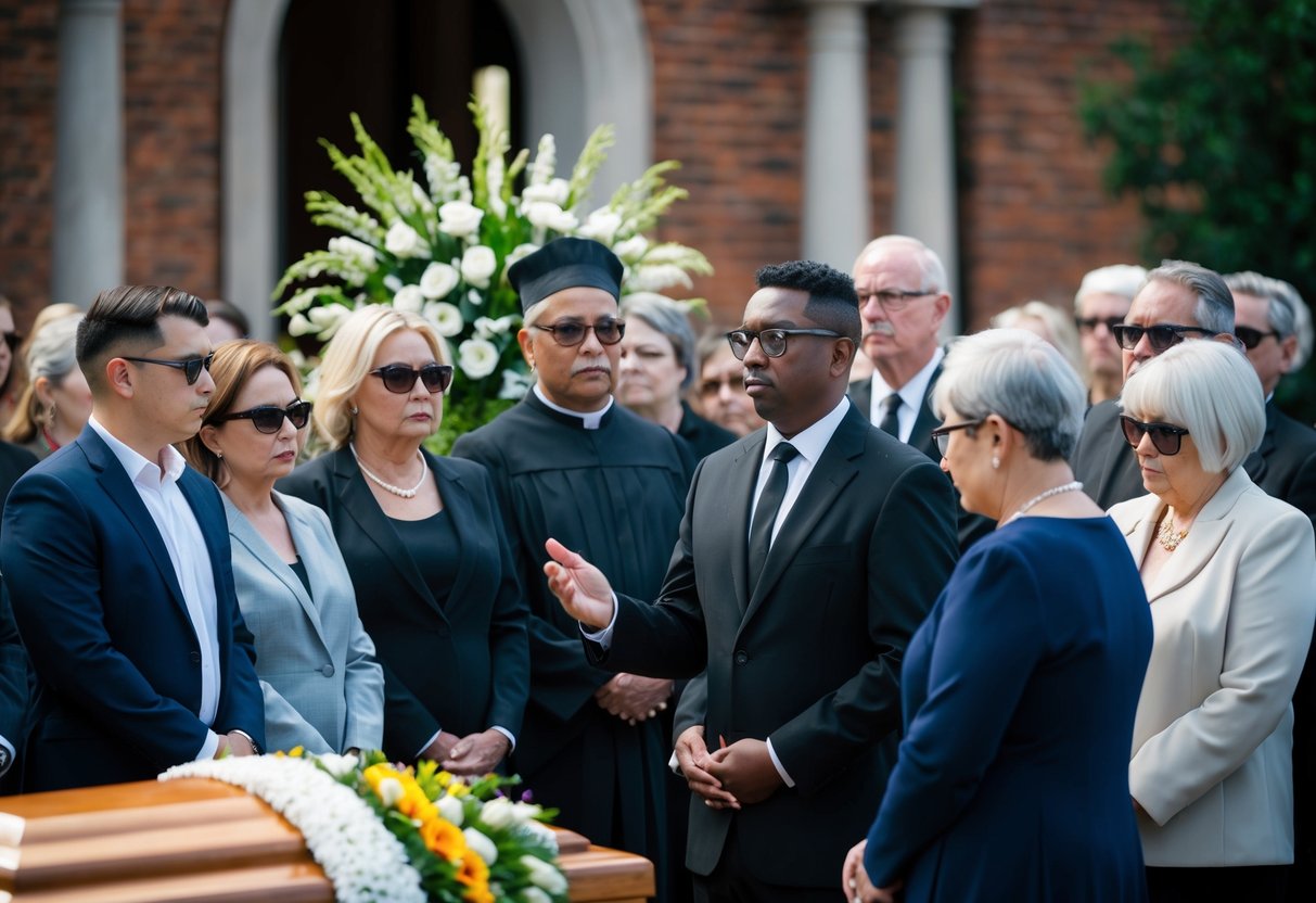 A group of mourners at a funeral, standing around a celebrant who is conducting the service. A somber atmosphere with floral arrangements and a casket in the background