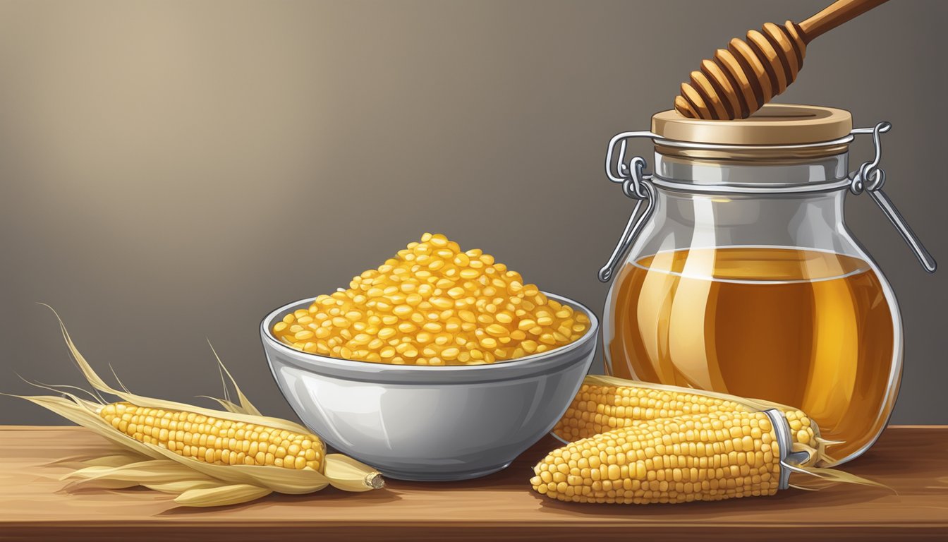 A glass jar filled with dried corn silk sitting next to a bowl of honey and corn syrup