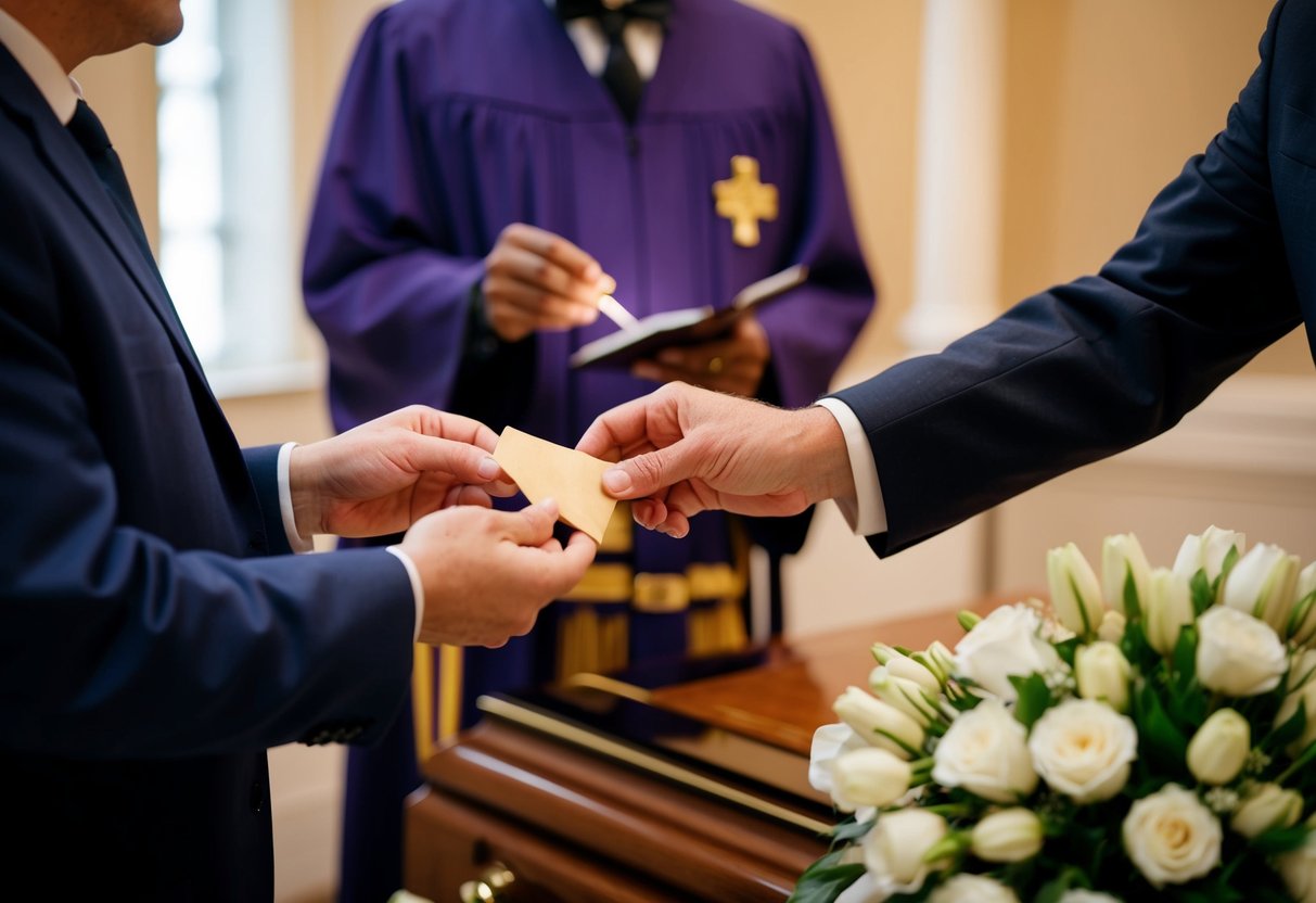 A person placing a small envelope into the hands of a celebrant at a funeral in the UK